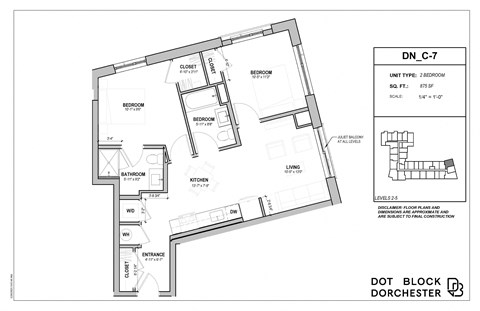Floor plan for 2 beds, 2 baths, 875 sqft
